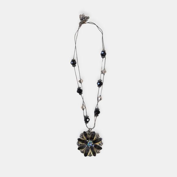 Y2K Black Daisy Pendant Necklace ~ Shimmery AB Crystal Center whimsigoth edgy - Picture 1 of 9